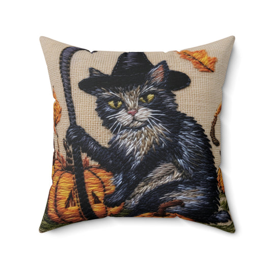 Magia de gato de Halloween: estilo felino bordado con calabazas y sombrero de bruja - Almohada cuadrada de poliéster hilado 