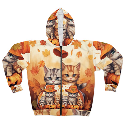 Kitty Cat Kittens Halloween - Cute Furries on Pumpkin - Festive Feline Decor - Unisex Zip Hoodie (AOP)