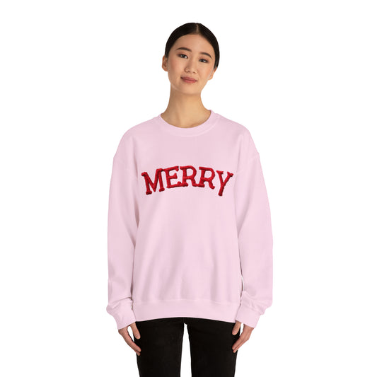 Chenille Merry Emblem, Festive Christmas Holiday Design, Joyful Yuletide Motif, Chic Winter Theme - Unisex Heavy Blend™ Crewneck Sweatshirt