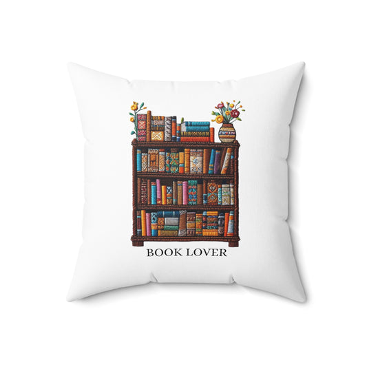 Crafted Book Lover Embroidery: Artisanal Bookshelf Design for Bibliophiles - Spun Polyester Square Pillow