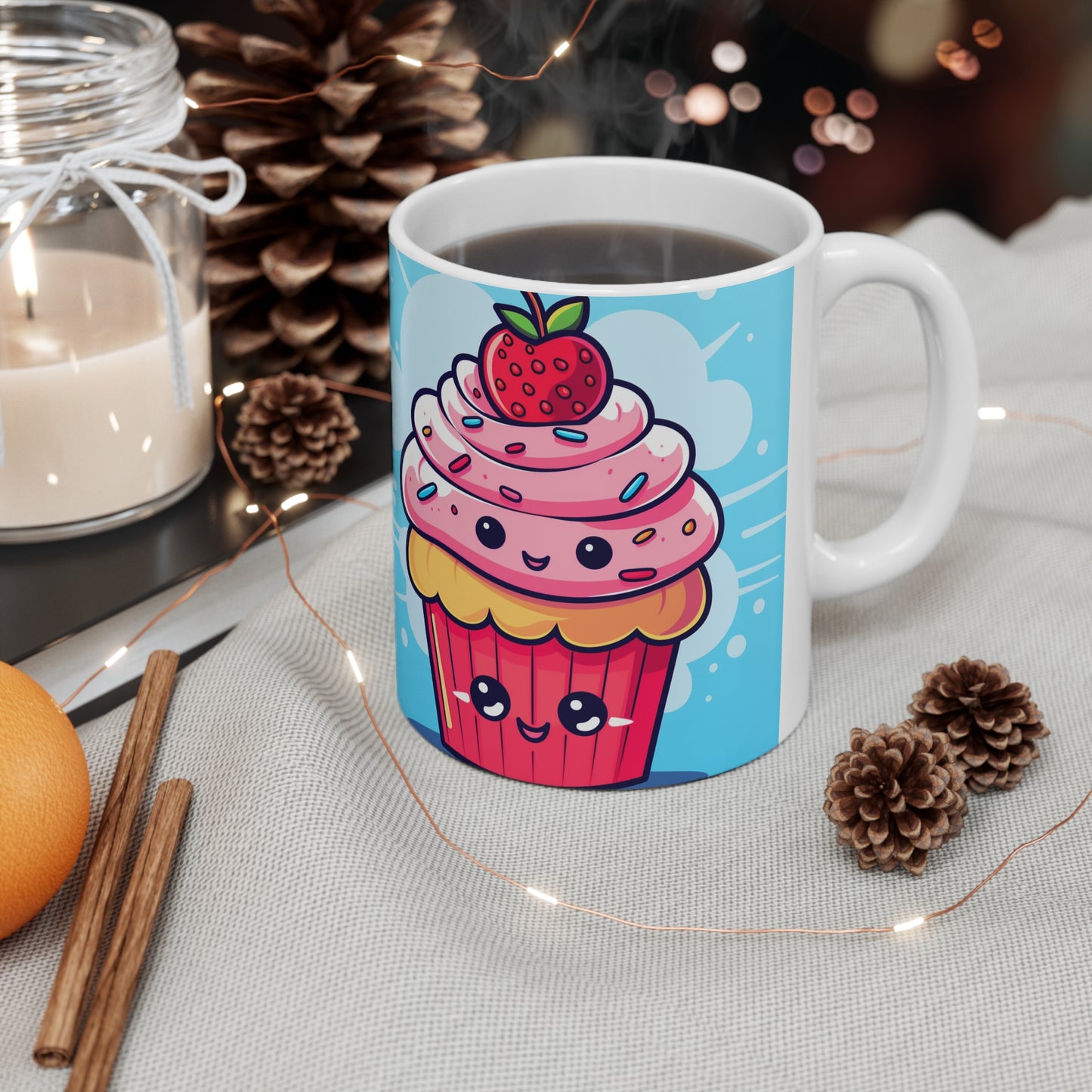 Strawberry Delight - Kawaii Cupcake Art - Sweet Anime Manga Dessert Charm - Ceramic Mug 11oz