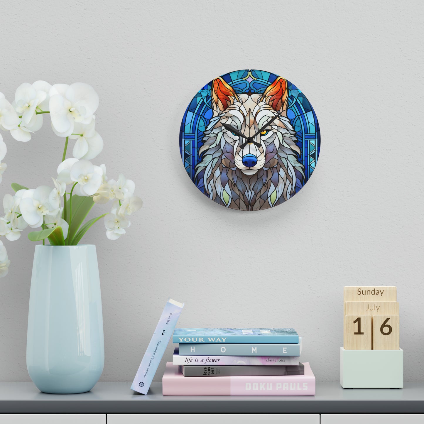 Stained Glass Wolf Design - Acrylic Wall Clock