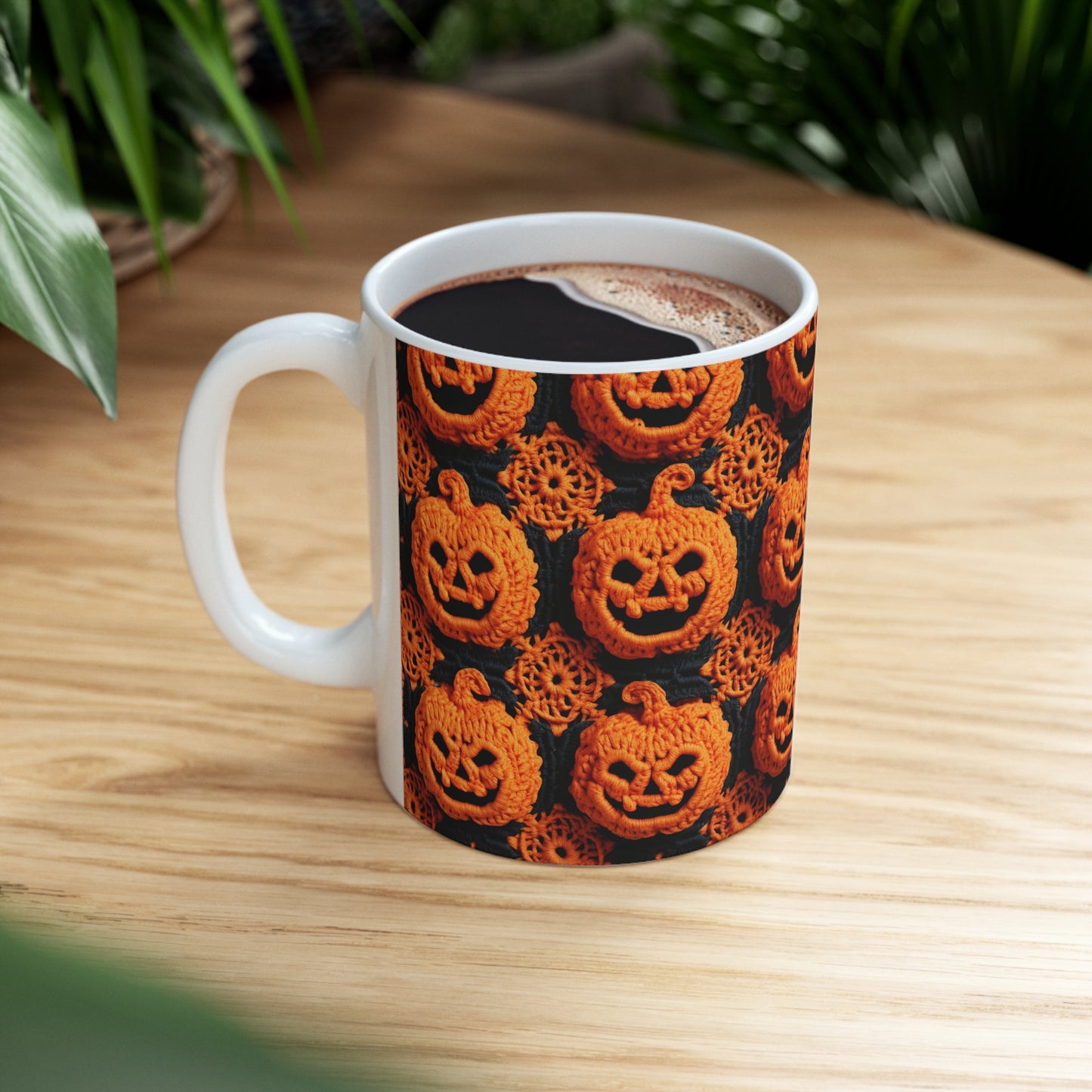 Patrón festivo festivo de terror aterrador de calabaza de ganchillo de Halloween - Taza de cerámica de 11 oz