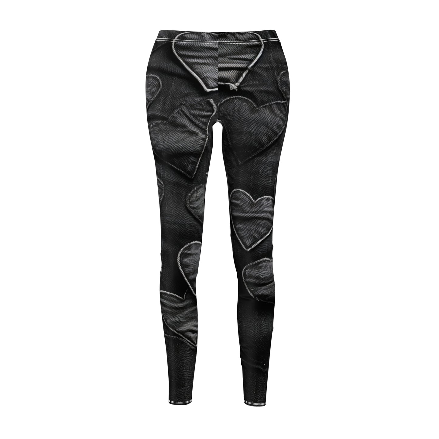 Negro azabache: diseño de bordado de corazón de tela inspirada en mezclilla desgastada - Leggings casuales cortados y cosidos para mujer (AOP) 