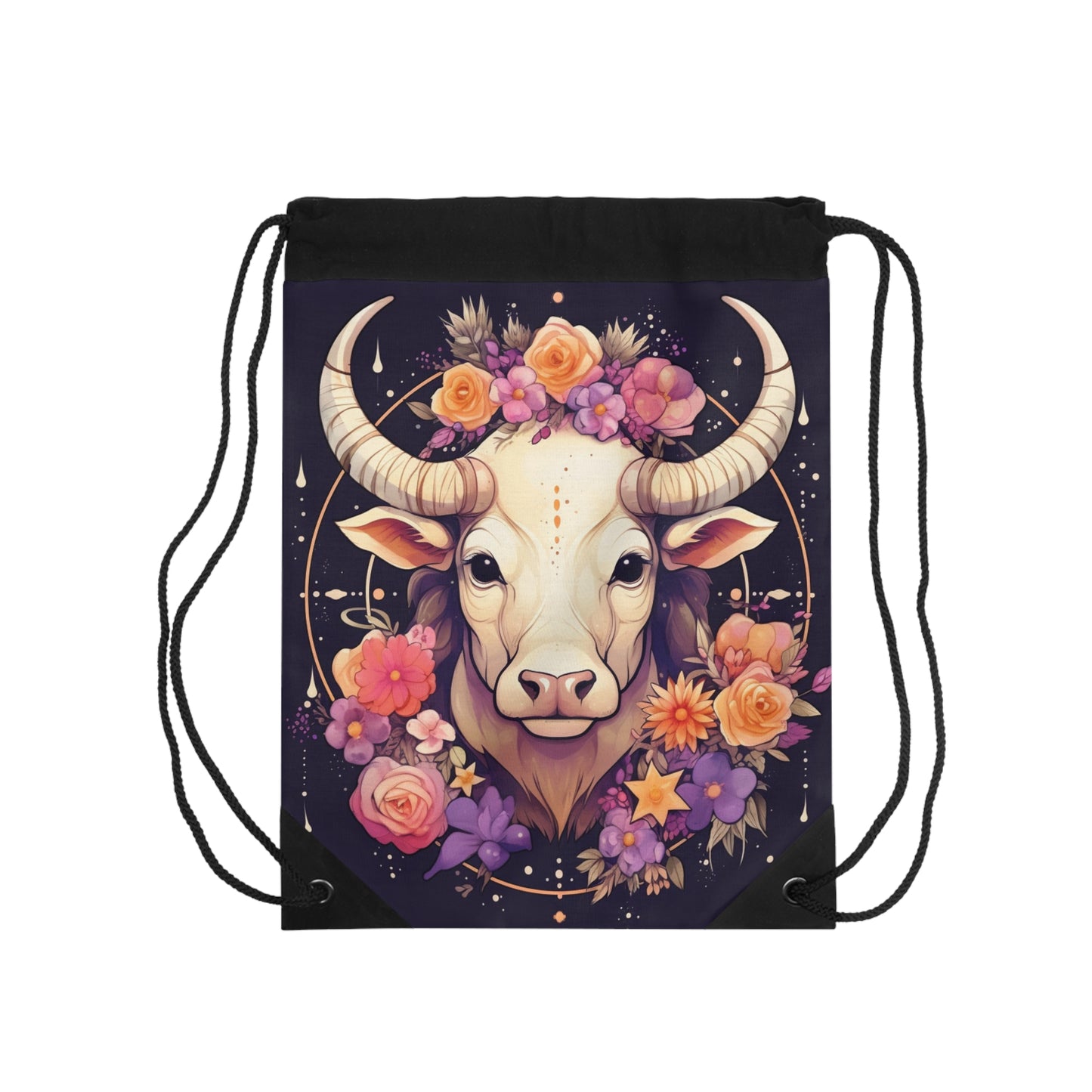 Taurus Zodiac Bull Flower Accents - Astrology Sign - Drawstring Bag