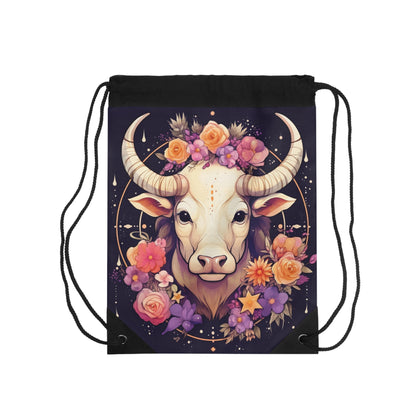 Taurus Zodiac Bull Flower Accents - Astrology Sign - Drawstring Bag