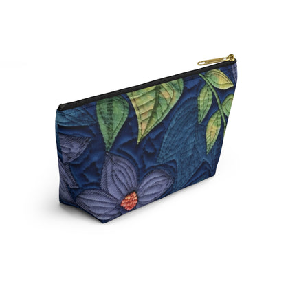 Floral Embroidery Blue: Denim-Inspired, Artisan-Crafted Flower Design - Accessory Pouch w T-bottom