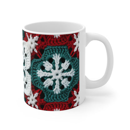 Christmas Snowflake Crochet, Festive Yuletide, Winter Wonderland Craft, Ice Crystal, Holiday Decor, Seasonal Adornments - Ceramic Mug 11oz