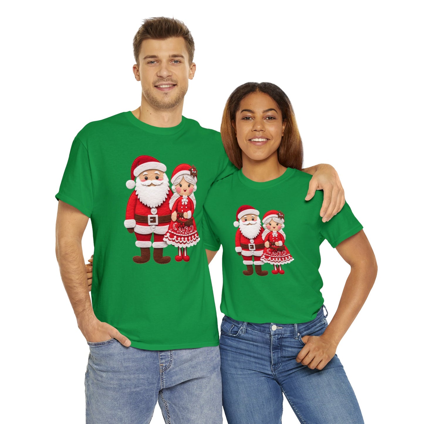 Santa & Mrs. Claus Felt Duo - Charming Handcrafted Christmas Decor, Festive Embroidered Holiday Figures - Unisex Heavy Cotton Tee