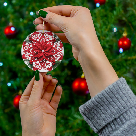 Poinsettia de ganchillo rojo: encaje navideño festivo con acebo - Adorno de cerámica, 4 formas