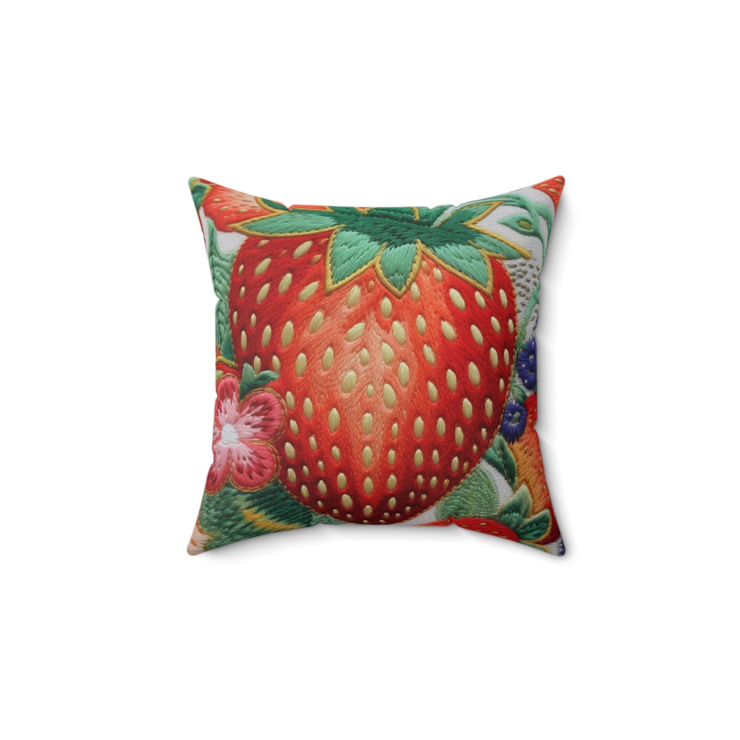 Berry Delight: Sun-Kissed Strawberries Fields Meet Embroidered Style Strawberry Patterns - Spun Polyester Square Pillow