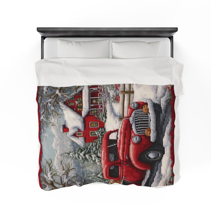 Red Truck Christmas Embroidery: Needlepoint Festive Winter Scene Threadwork - Velveteen Plush Blanket