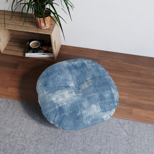 Faded Blue Washed-Out: Denim-Inspired, Style Fabric - Tufted Floor Pillow, Round