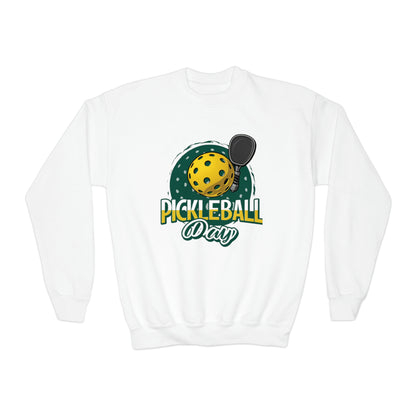 Pickleball Day Celebration Design with Whimsical Ball and Paddle Illustration - Youth Crewneck Sweatshirt