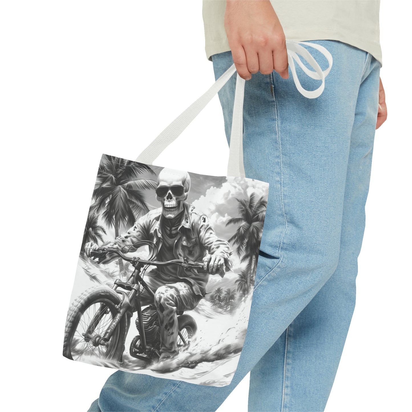 Biker Skeleton Wearing Sunglasses, Riding Sunset Boulevard in California Motorcycle, Tote Bag (AOP)