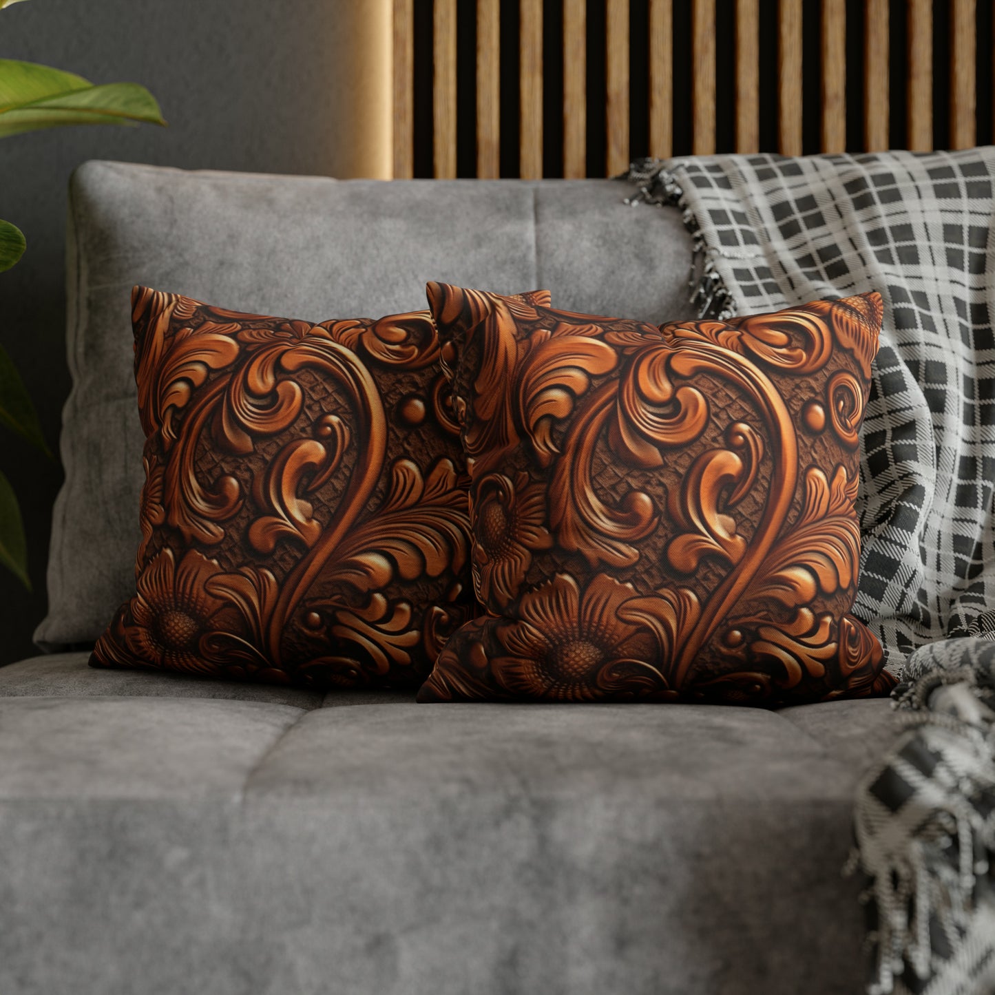 Leather Flower Cognac Classic Brown Timeless American Cowboy Design - Spun Polyester Square Pillow Case