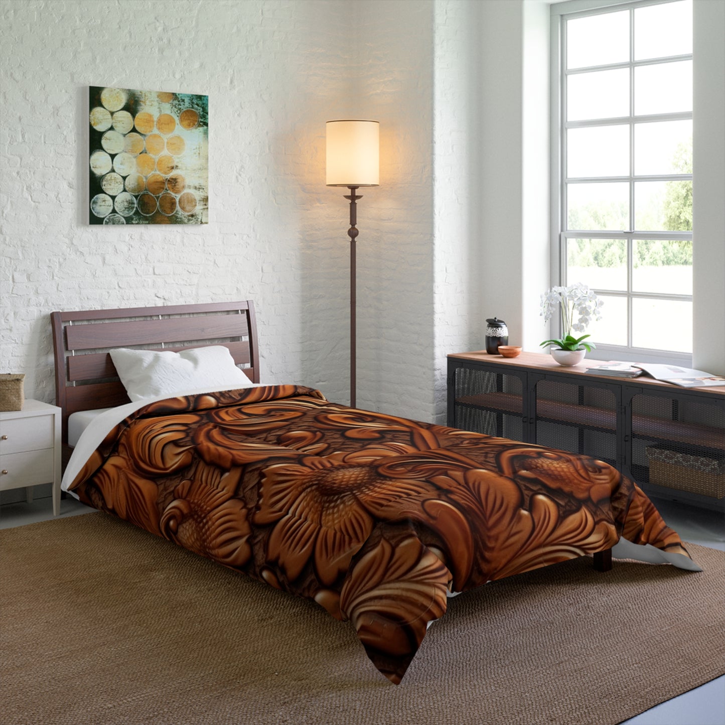 Leather Flower Cognac Classic Brown Timeless American Cowboy Design - Bed Comforter