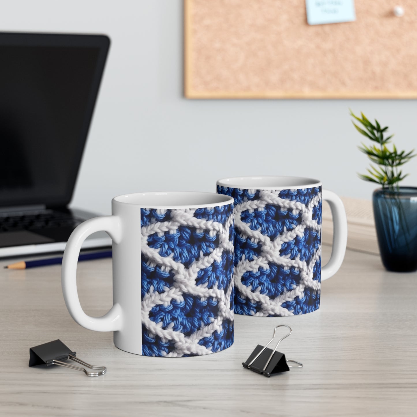 Blueberry Blue Crochet, White Accents, Classic Textured Pattern - Ceramic Mug 11oz