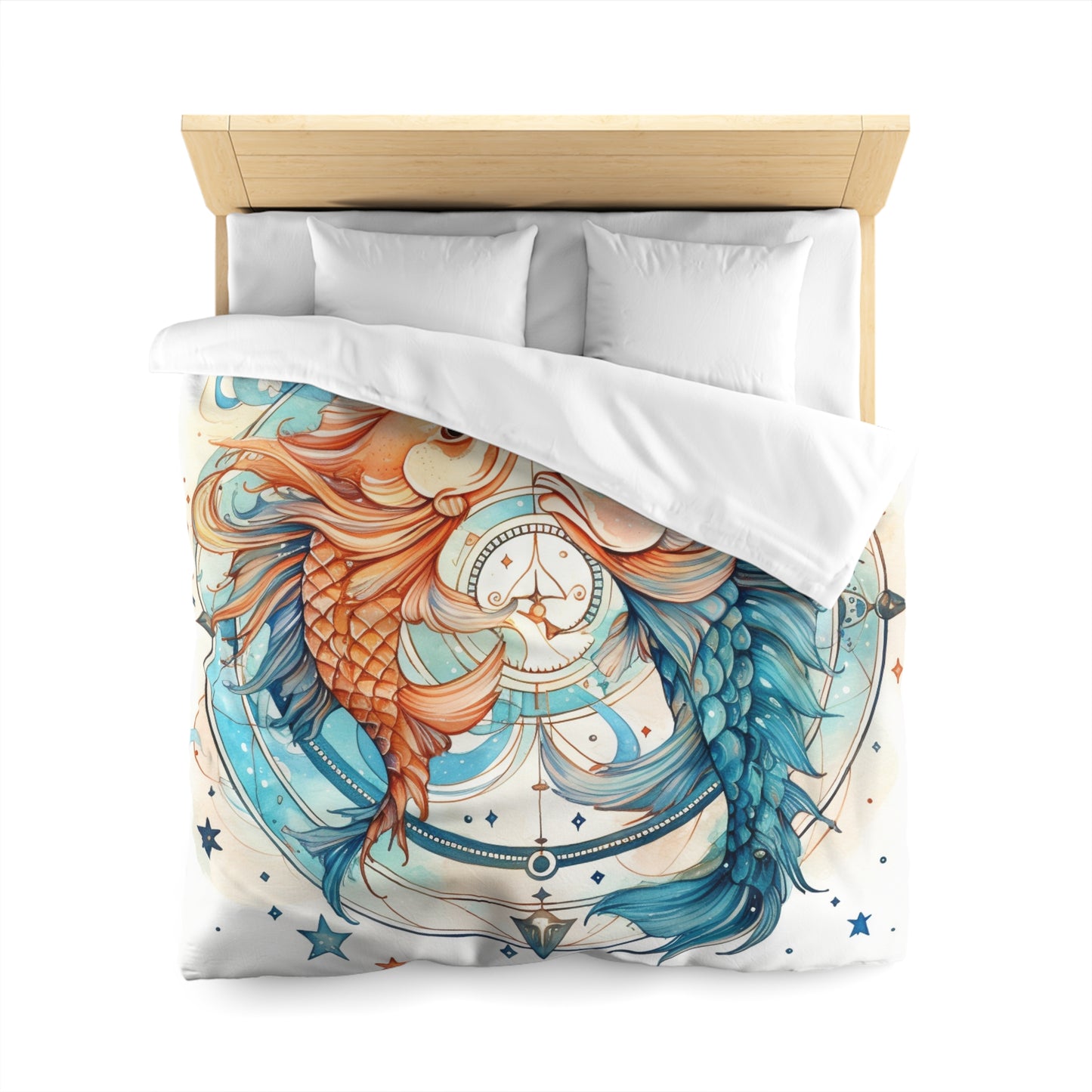 Pisces Zodiac Horoscope - Starry Watercolor & Ink, Hyper-Detailed Fish Microfiber Duvet Cover