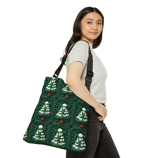 Evergreen Christmas Trees Crochet, Festive Pine Tree Holiday Craft, Yuletide Forest, Winter - Adjustable Tote Bag (AOP)
