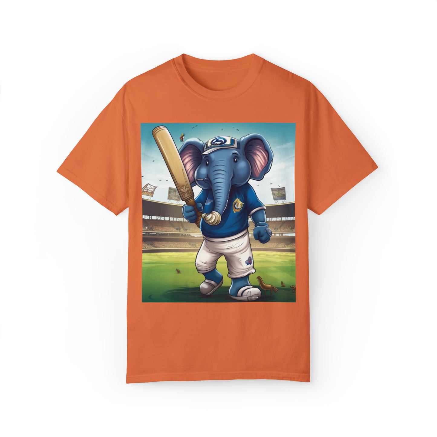 India Elephant Cricket Sport Star: Pitch, Run, Stump Game - Animated Charm - Unisex Garment-Dyed T-shirt