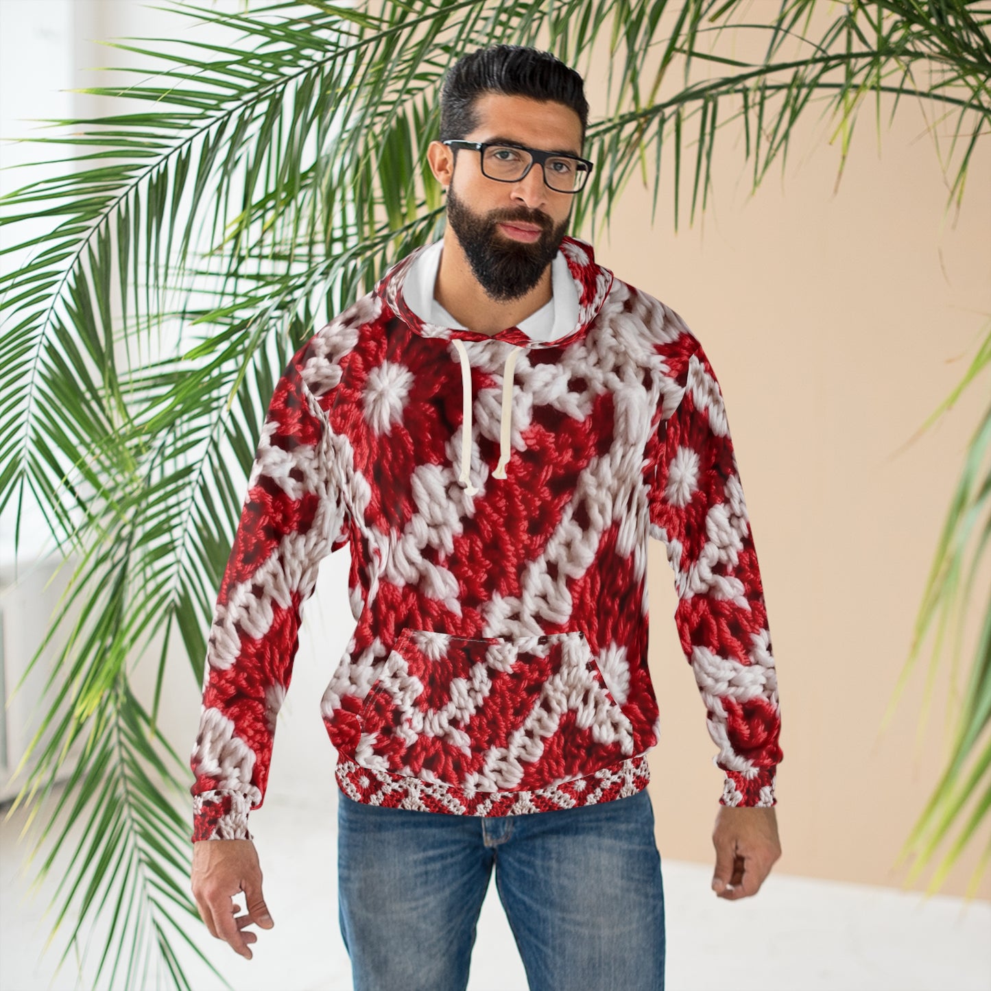 Warm Winter Red & White Crochet Knit: Cinematic Chic Texture Design - Unisex Pullover Hoodie (AOP)