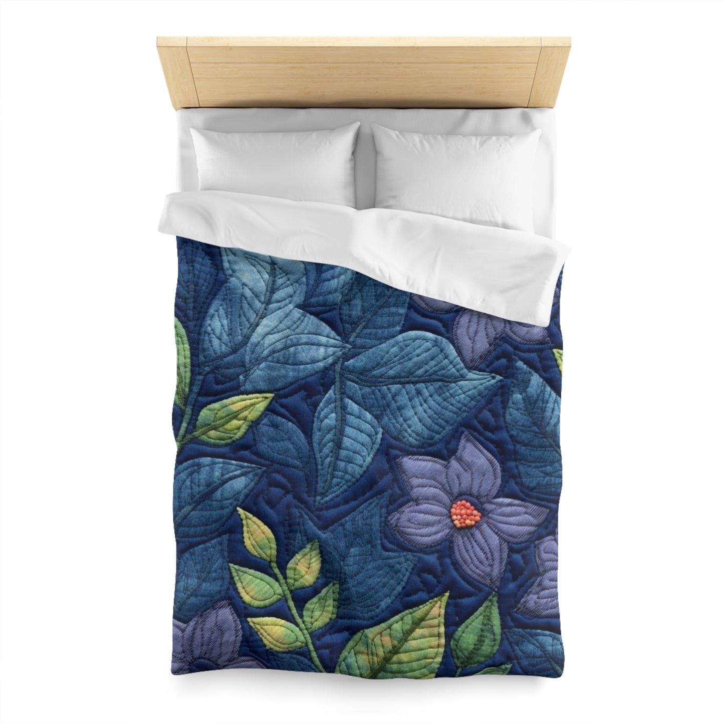 Floral Embroidery Blue: Denim-Inspired, Artisan-Crafted Flower Design - Microfiber Duvet Cover