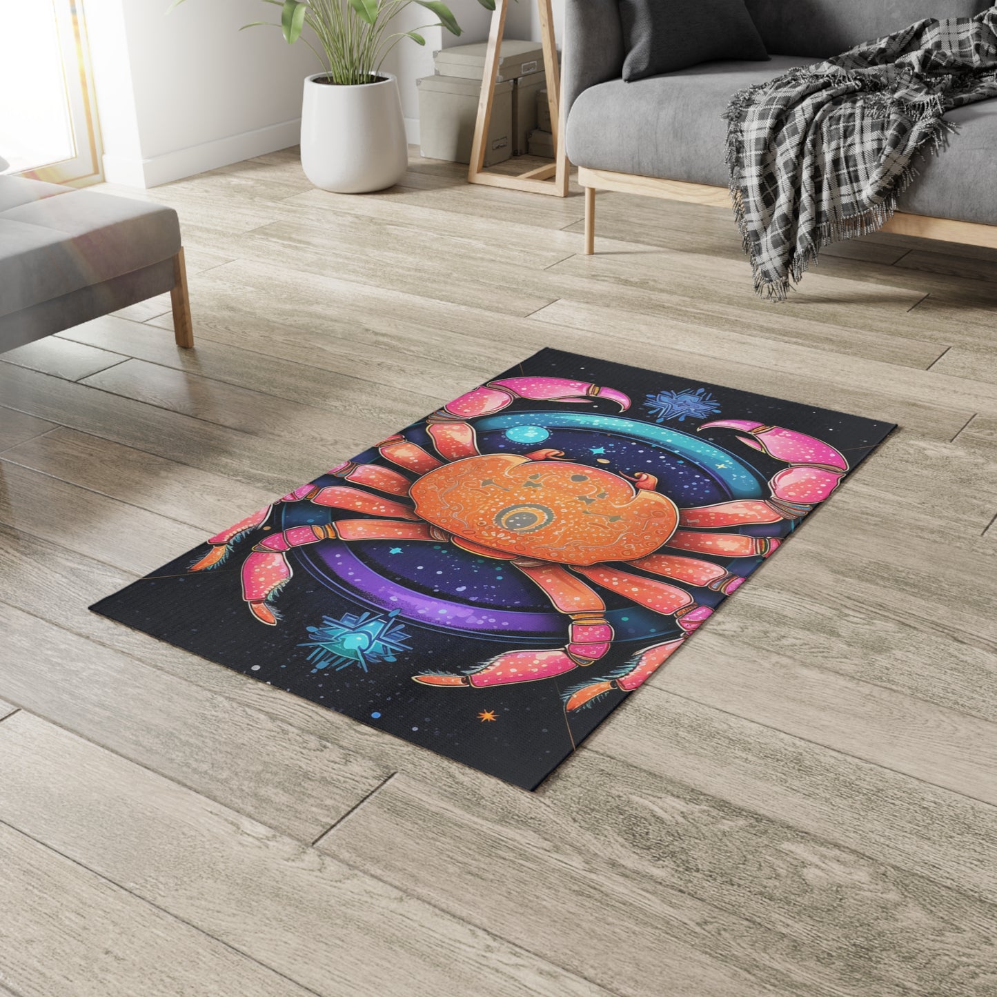 Rainbow Celestial Crab - Vibrant Cancer Zodiac Sign Art - Dobby Rug