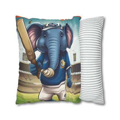 India Elephant Cricket Sport Star: Pitch, Run, Stump Game - Animated Charm - Spun Polyester Square Pillow Case