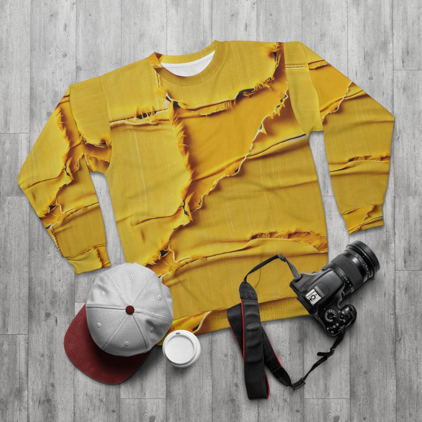 Banana Yellow Lemon: Bold Distressed, Denim-Inspired Fabric - Unisex Sweatshirt (AOP)