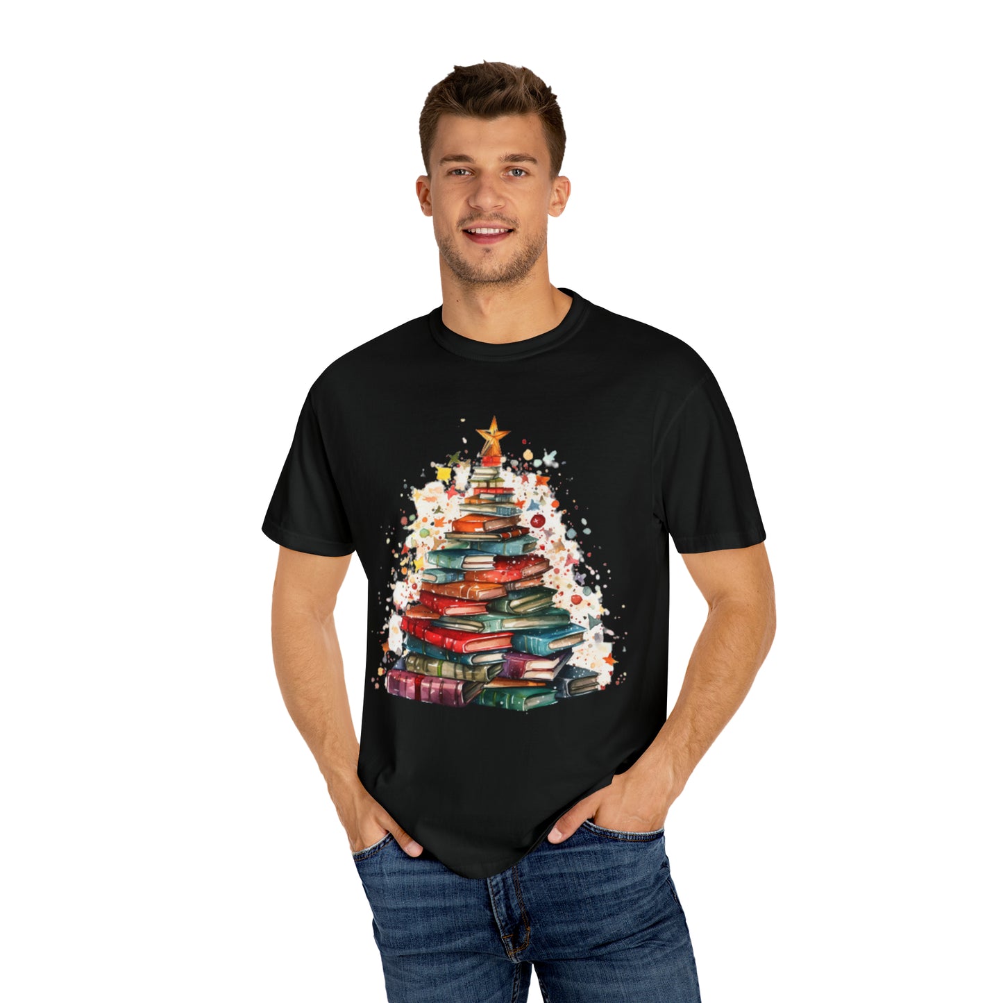 Book Stack Christmas Tree, Festive Holiday Illustration, Cozy Winter Reading Theme, Seasonal Book Lover Artwork - Unisex Garment-Dyed T-shirt