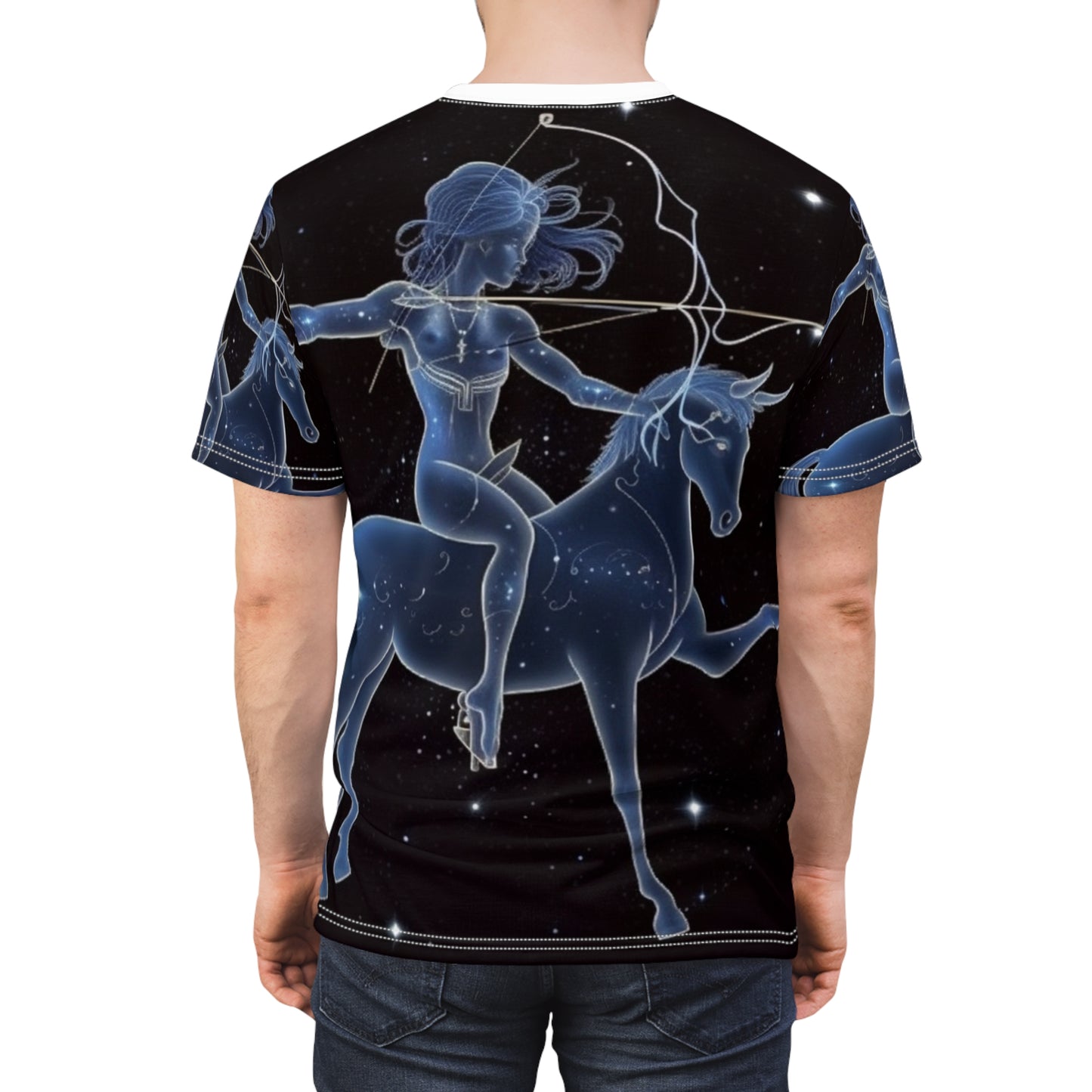 Sagittarius Zodiac in Starlit Universe - Fluorescent Colors - Unisex Cut & Sew Tee (AOP)