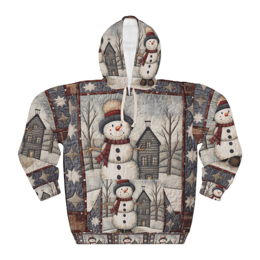 Christmas Cottagecore Snowman & Snowy House - Nostalgic Decor - Grandmillennial Festive Charm - Unisex Pullover Hoodie (AOP)