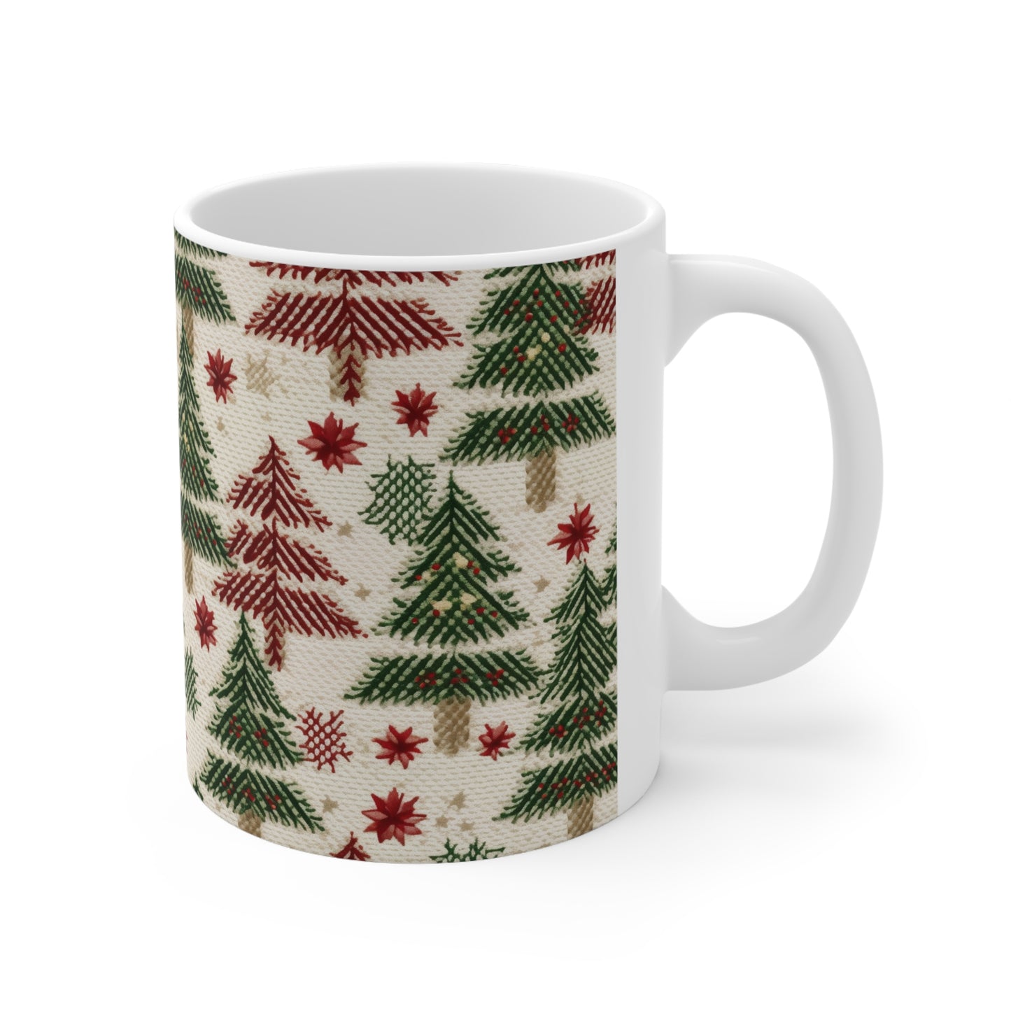 Invierno navideño bordado, costuras festivas, diseño clásico de temporada - Taza de cerámica de 11 oz 