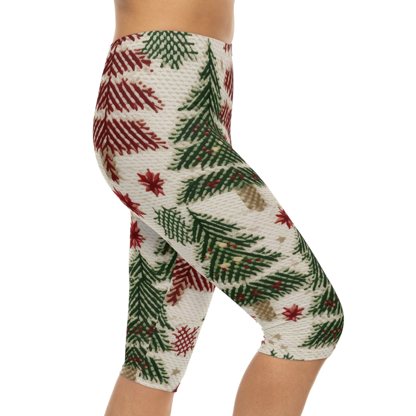 Embroidered Christmas Winter, Festive Holiday Stitching, Classic Seasonal Design - Women’s Capri Leggings (AOP)