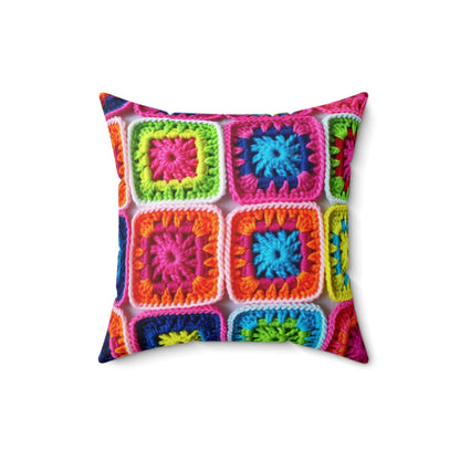 Crochet Granny Square, Summer Cotton, Patchwork, Retro Floral Design, Crochet Cotton - Spun Polyester Square Pillow