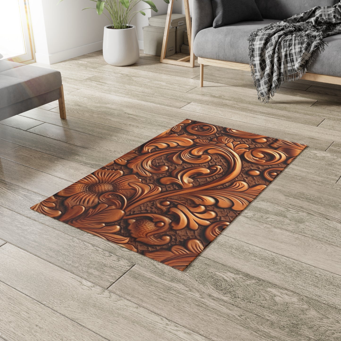 Leather Flower Cognac Classic Brown Timeless American Cowboy Design - Dobby Rug