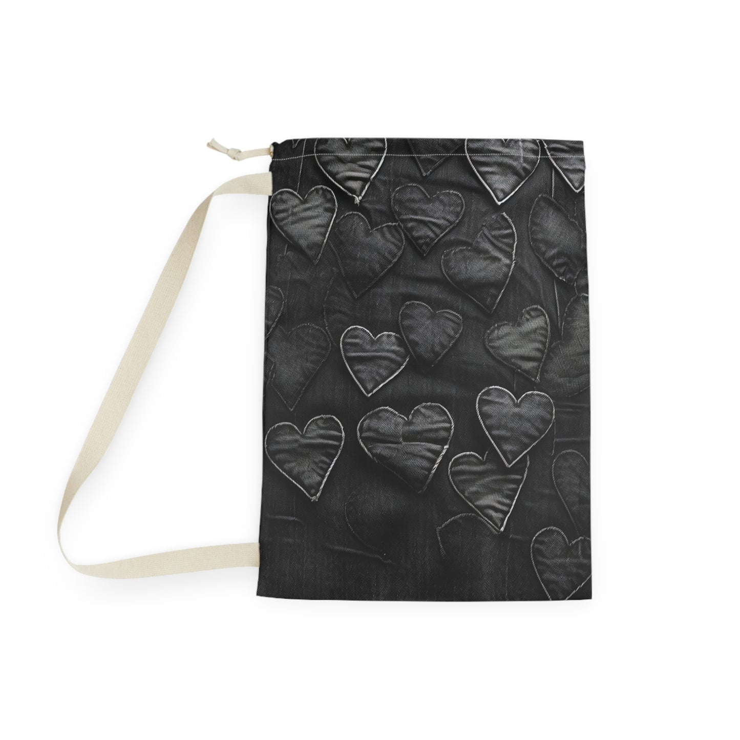 Black: Distressed Denim-Inspired Fabric Heart Embroidery Design - Laundry Bag