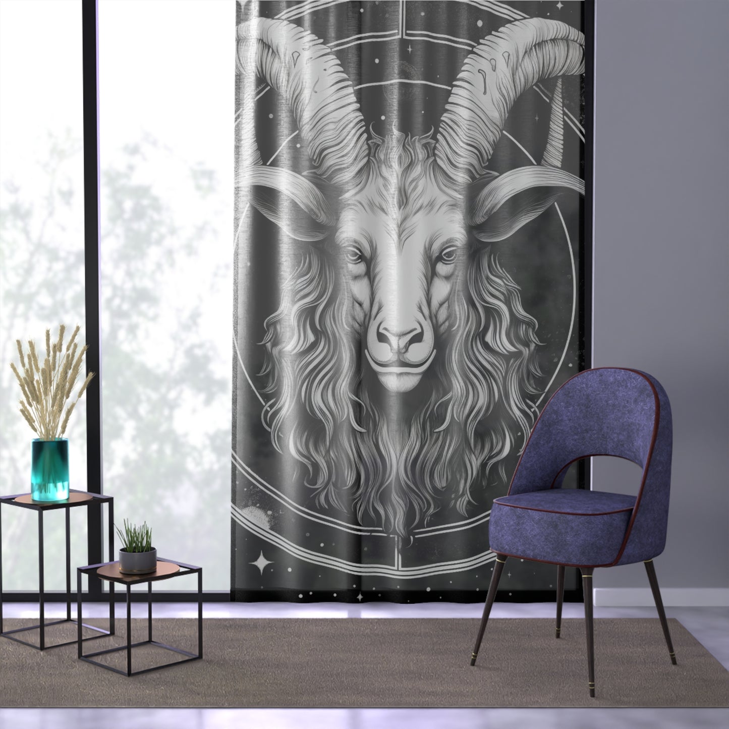 Capricorn Custom Photo Curtains, Black White Goat Design, 100% Polyester, One-Sided Print