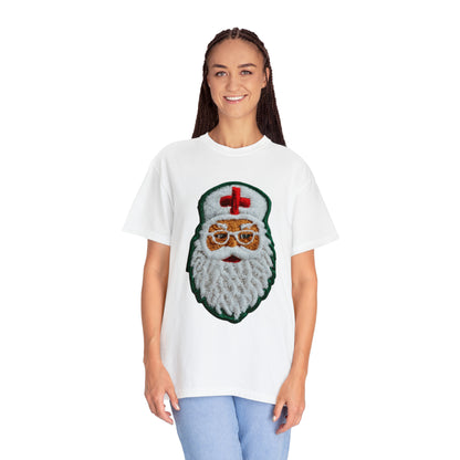 Medical Santa Chenille Embroidered Patch - Doctor or Nurse Healthcare Christmas - Unisex Garment-Dyed T-shirt