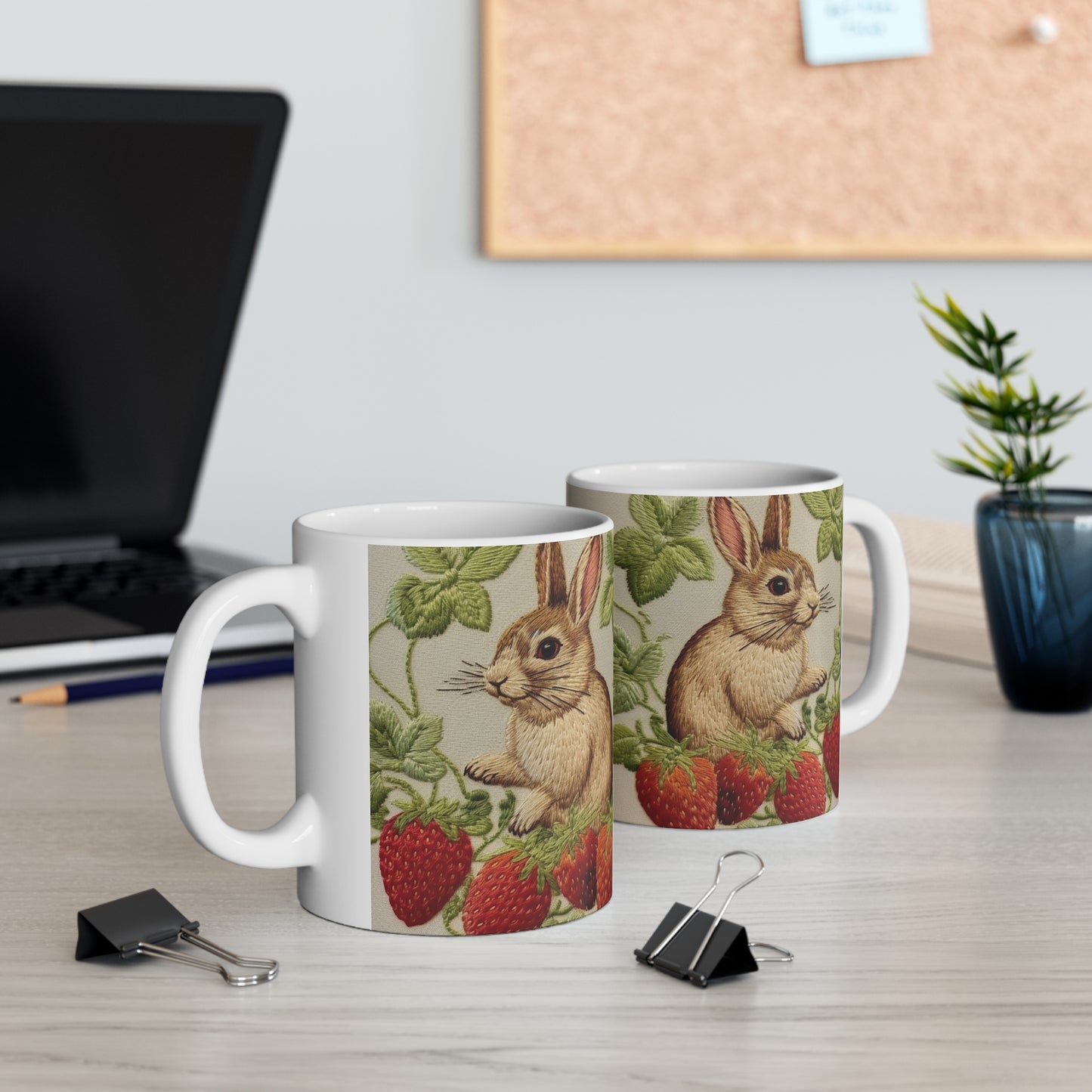 Strawberry Bunny Rabit - Embroidery Style - Strawberries Fruit Munchies - Easter Gift - Ceramic Mug 11oz