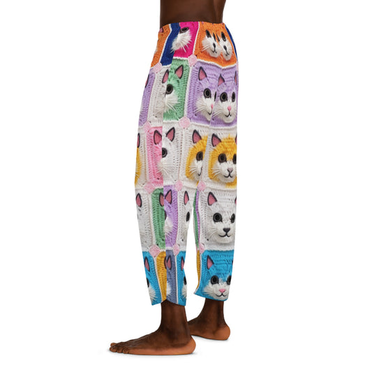 かぎ針編みの猫、夏の綿、猫、レトロな猫のカーディガン、子猫のかぎ針編みの綿の作成 - メンズ パジャマ パンツ (AOP) 