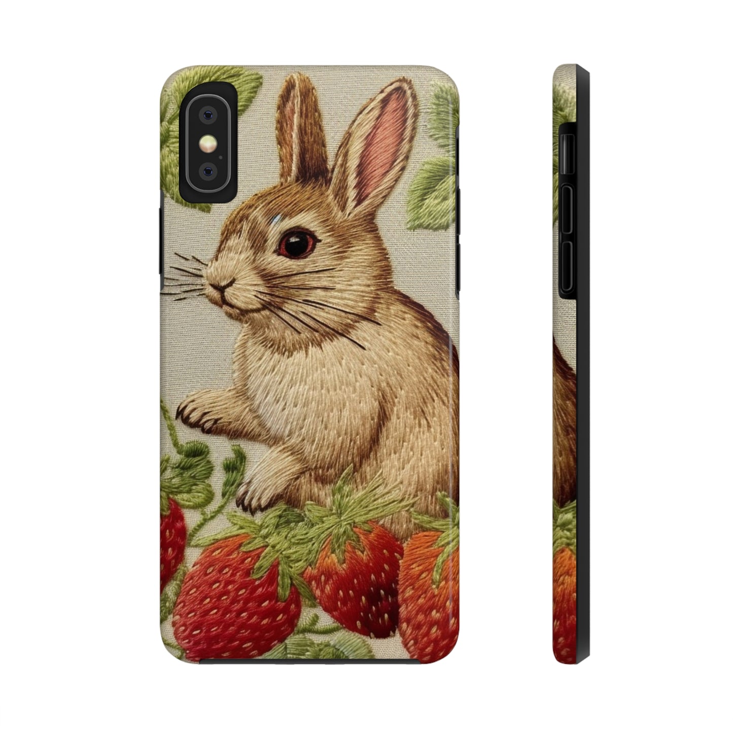 Strawberry Bunny Rabit - Embroidery Style - Strawberries Fruit Munchies - Easter Gift - Tough Phone Cases