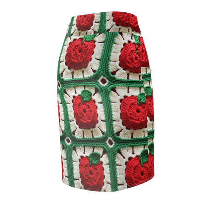 Apple Granny Square Crochet Pattern: Wild Fruit Tree, Delicious Red Design - Women's Pencil Skirt (AOP)