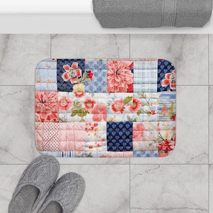 Edredón de armonía floral, mosaico de flores, patrones acolchados en azul y rosa, edredón de jardín, diseño de cuadrados de acolchado en colores pastel suave - Alfombra de baño