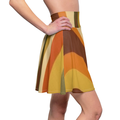 Groovy 1970s Mod-Inspired Women's Skater Skirt (AOP) in Bold Orange, Green, Rust, Gold, and Beige