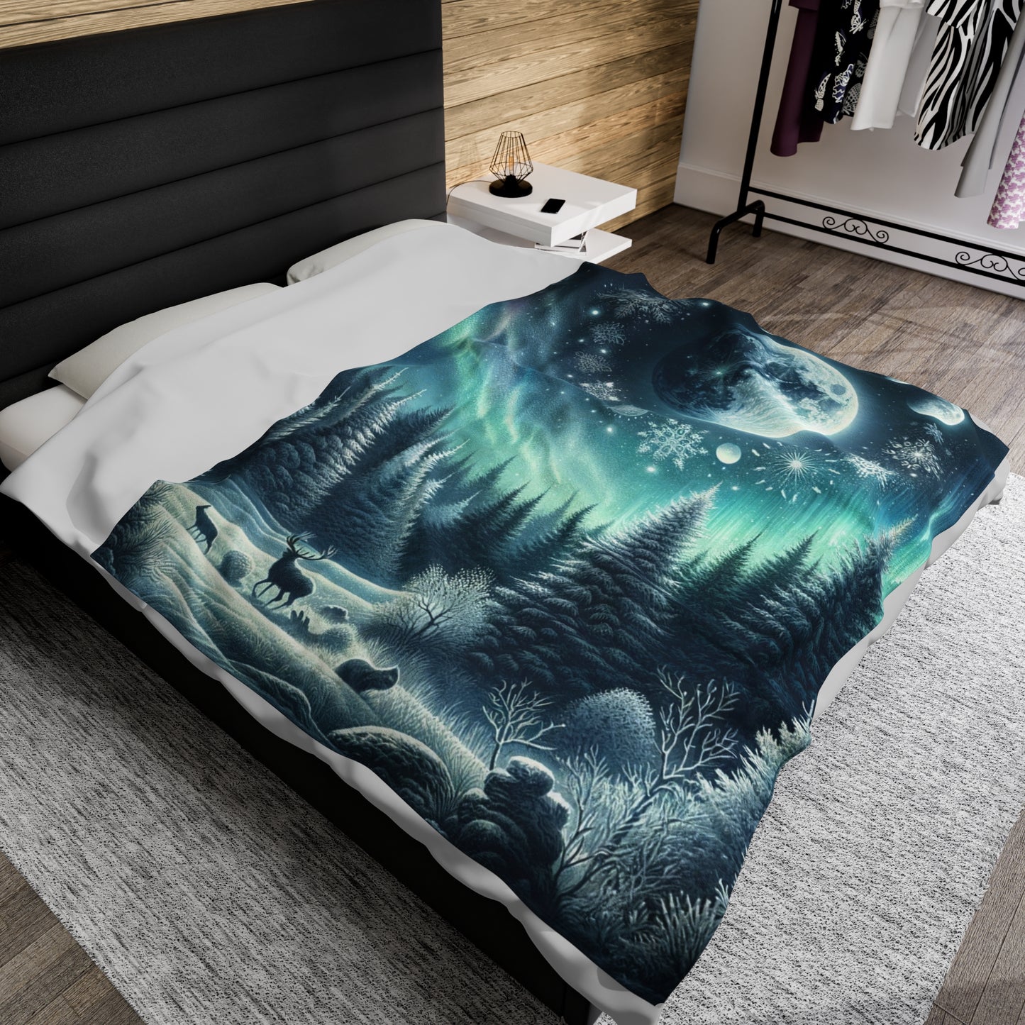 Enchanted Solstice Night: Mystical Winter Scene with Northern Lights and Wildlife - Velveteen Plush Blanket