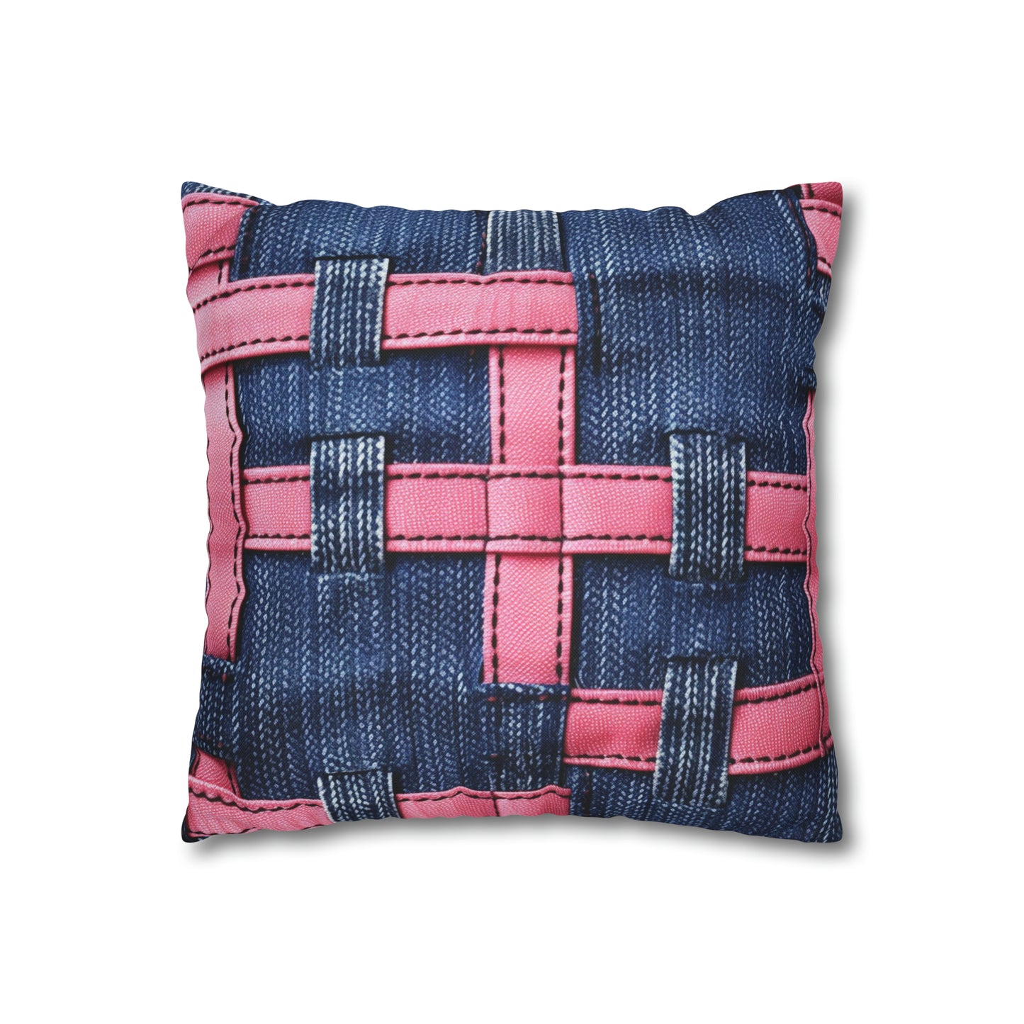 Candy-Striped Crossover: Pink Denim Ribbons Dancing on Blue Stage - Spun Polyester Square Pillow Case