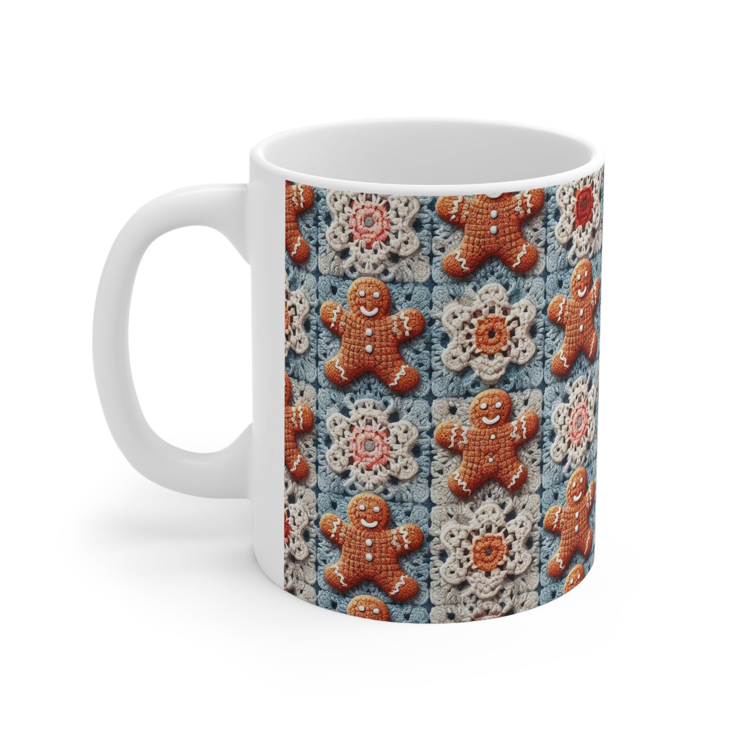 Christmas Holiday Delight: Crocheted Gingerbread Smile Pattern with Lace Snowflakes - Ceramic Mug 11oz