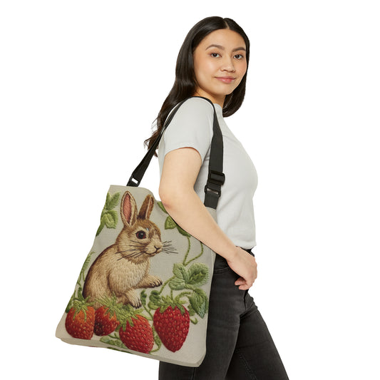 Strawberry Bunny Rabit - Embroidery Style - Strawberries Fruit Munchies - Easter Gift - Adjustable Tote Bag (AOP)